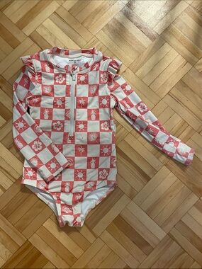 Pink and White Checkerboard Rash Guard One-Piece Swimsuit